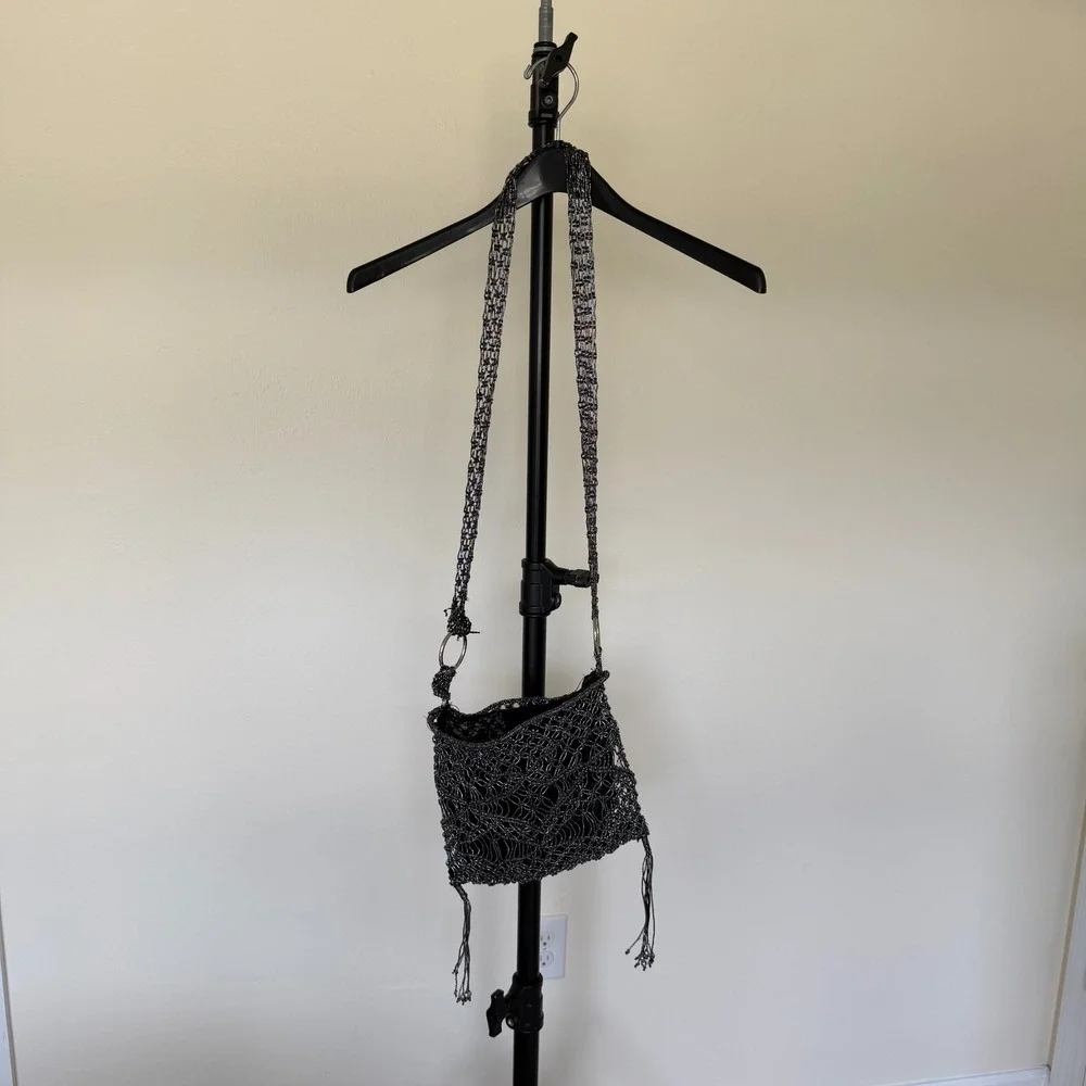 Y2K Gunmetal Metallic Crochet Mesh Crossbody Bag Fringe‎ Tassels Broken Ring